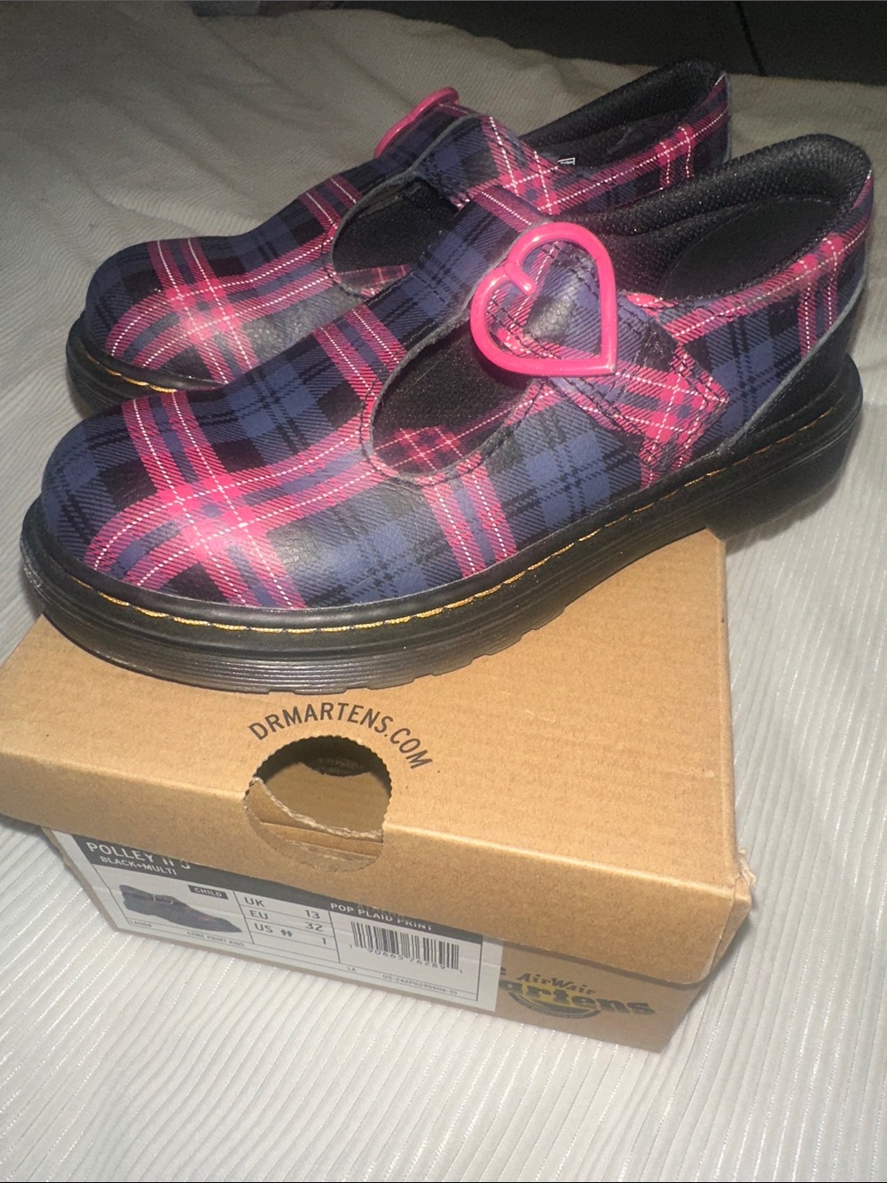 Dr. Martens Kids Pink & Navy Plaid Mary Jane with Heart Buckle